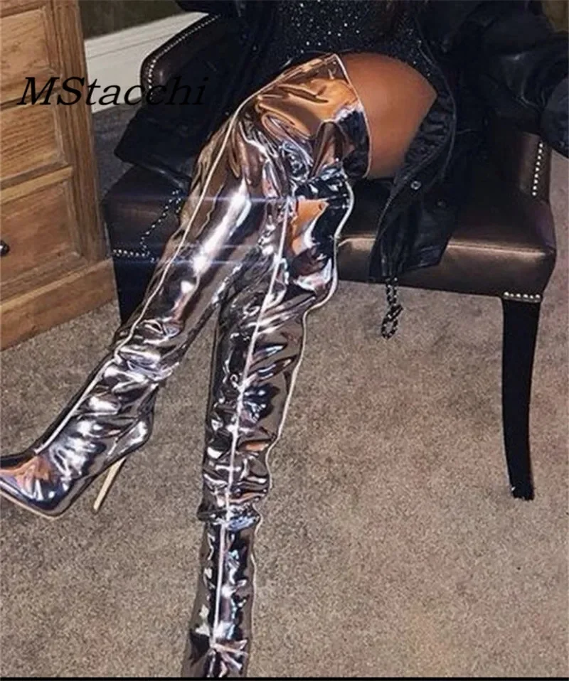 Mirror Women\'s Over-the-knee Boots Nightclub Stilettos Pointed Toe High Heels Boots Zipper-Sid Women High Knee Boots 2024