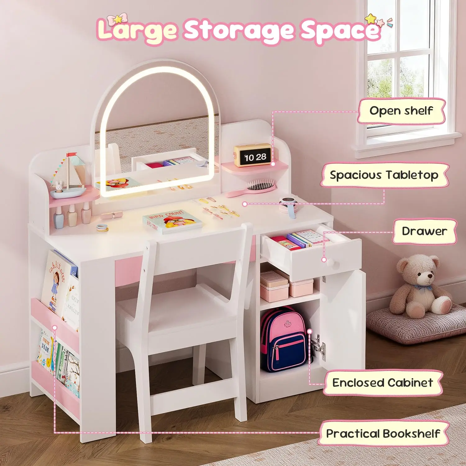 i*-Kids Vanity Set with Chair and Lights, 2 in 1 Princess Makeup Desk, Toddler Vanity Table with Lighted Mirror, Open,
