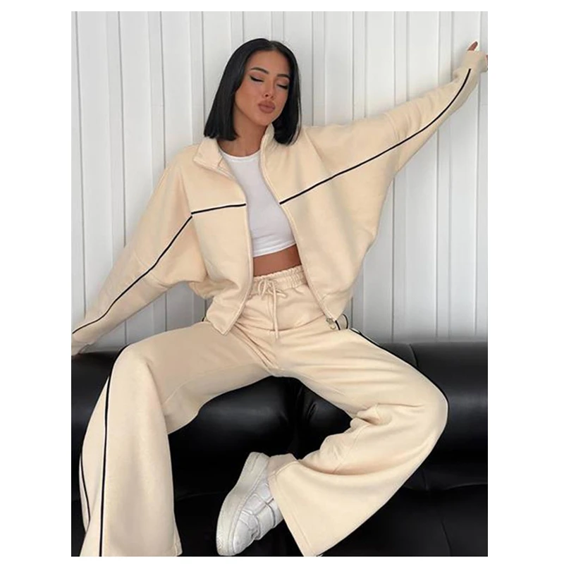 

Women's Hooded Zipper Sports Two-piece Suit Stand Collar Simple Casual Skinny Jacket Pants Streetwear for Autumn and Winter