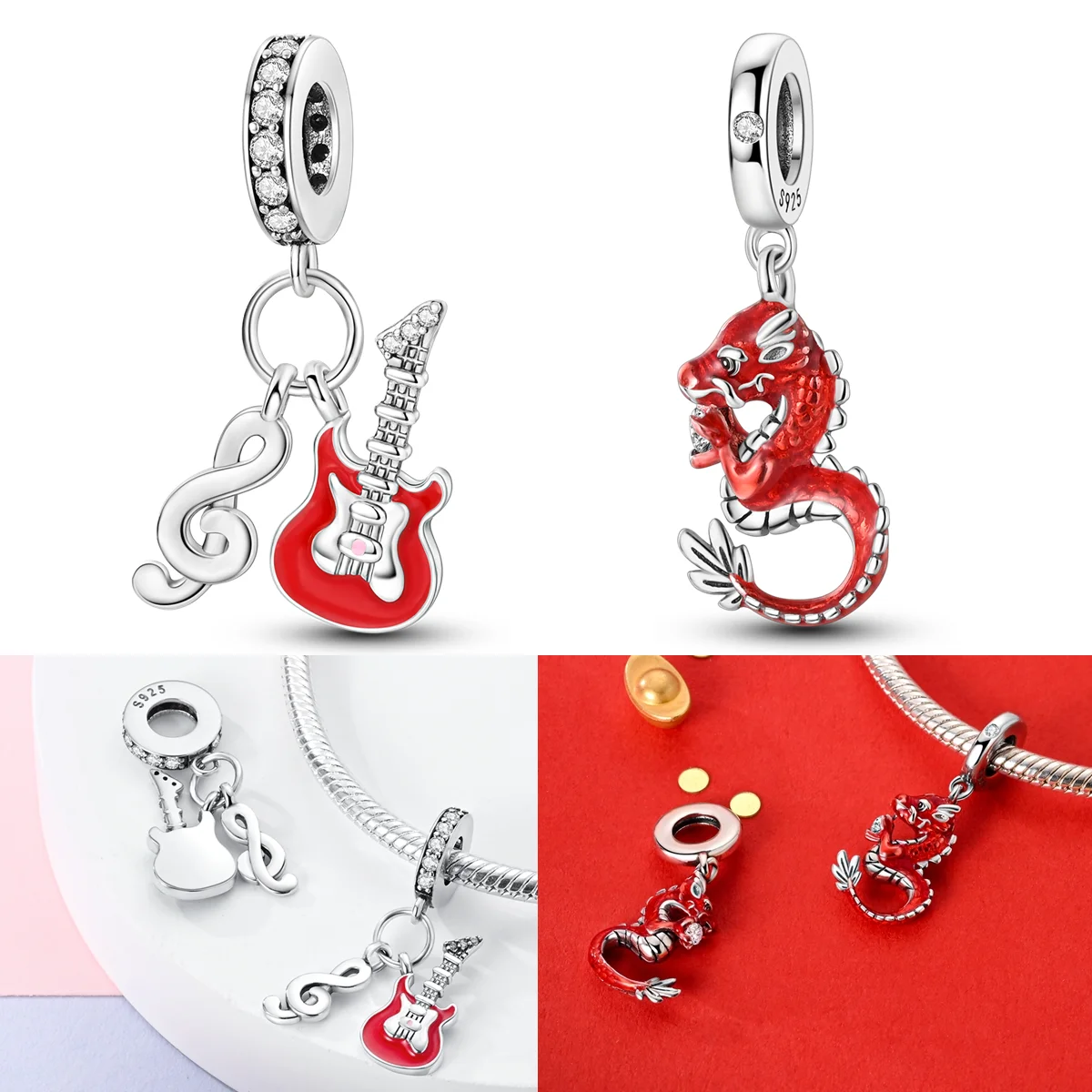 

925 Sterling Silver Chinese Loong Charms Bead CZ Zircon Guitar Notes Snake Dangle Fit Original Bracelet DIY Women Jewelry