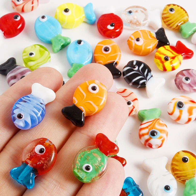 2-10pcs Multi Color Mixed Small Fish Glass Interval Bead Diy Bracelet Keychain Perforated Bead Handicraft Accessories Charm Bulk