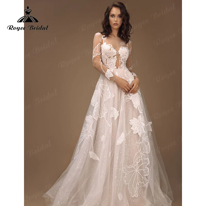 Vestido De Novia de manga larga con encaje Floral para mujer, vestidos De Novia de línea A, trajes De Novia largos