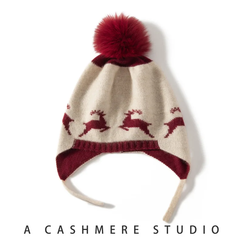 

Pure Cashmere Hat children's Babies In Autumn Winter Reindeer Ear Protection Warm Knit Hat Boys Girls Cap Gorro 4m847
