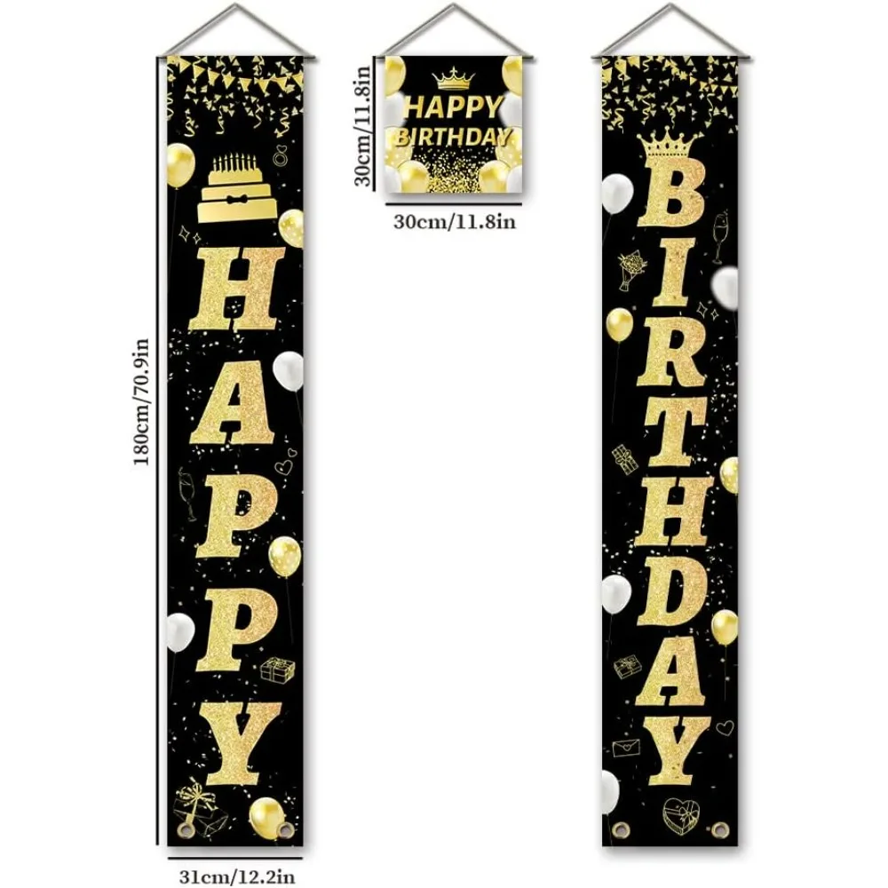 Happy Birthday Porch Banners Black and Gold Hanging Birthday Porch Sign Happy Birthday Yard Signs Welcome Banner Hanging Flag