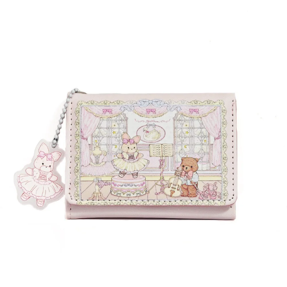 Cartera corta Vintage de oso y conejo para niña, monedero de PU portátil con múltiples ranuras