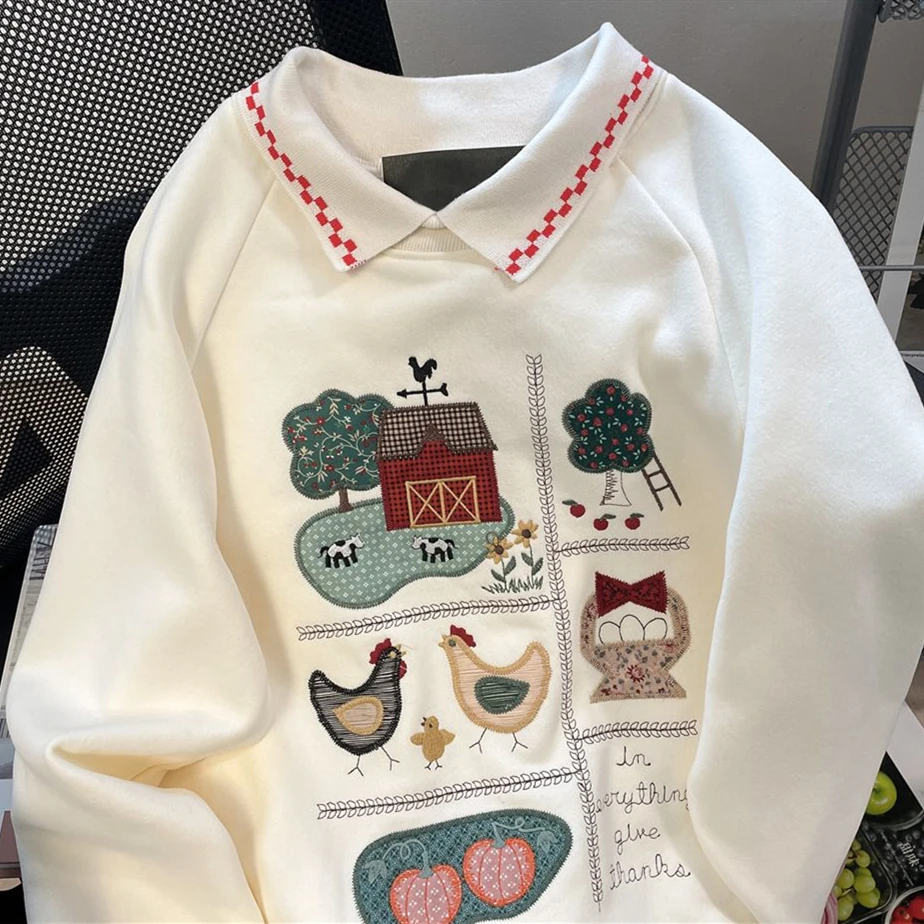 Childlike Super Cute Cartoon Embroidery POLO Shirt Oversized Sweatshirt Women Girls Kawaii Clothes Japan Korean Fashion Winter