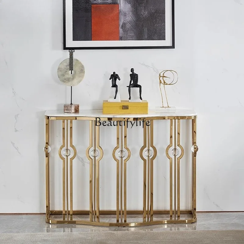 

yj21Modern stainless steel marble sofa back several European entrance table simple American light luxury