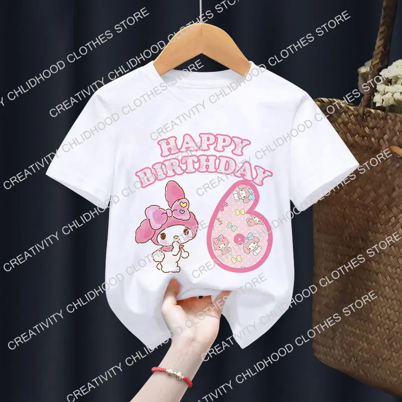 Sanrio My Melody เสื้อยืดวันเกิดหมายเลข1-14 Kawaii T Shirt Anime การ์ตูนเด็กเสื้อผ้า T เสื้อเด็กผู้หญิงเด็กน้อยเด็กเสื้อ