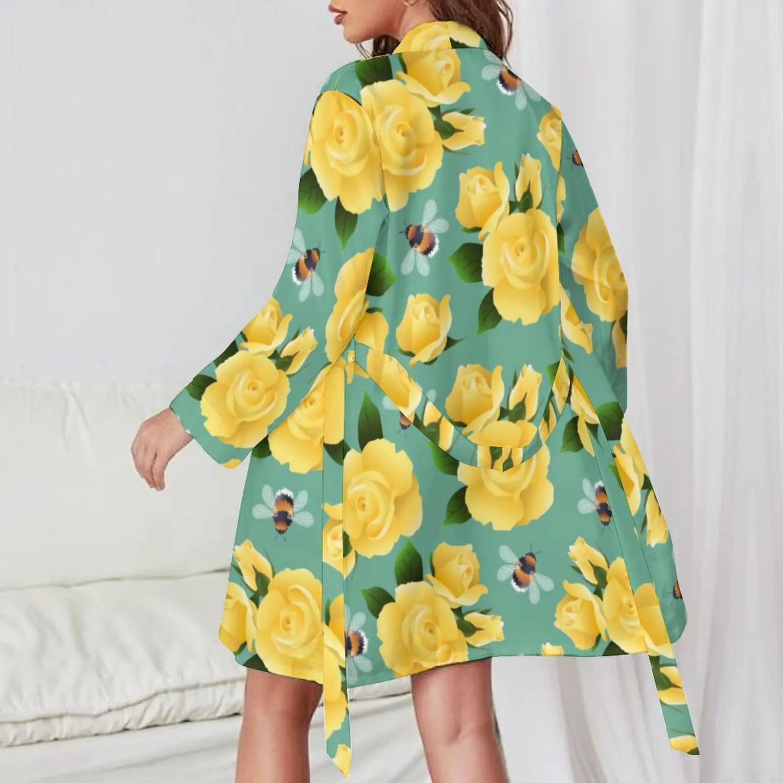 Flying Bees Pajama Robe Yellow Roses Print Long Sleeve Fashion Pajamas Robes Female V Neck Casual Bathrobe Daily Printed Dress