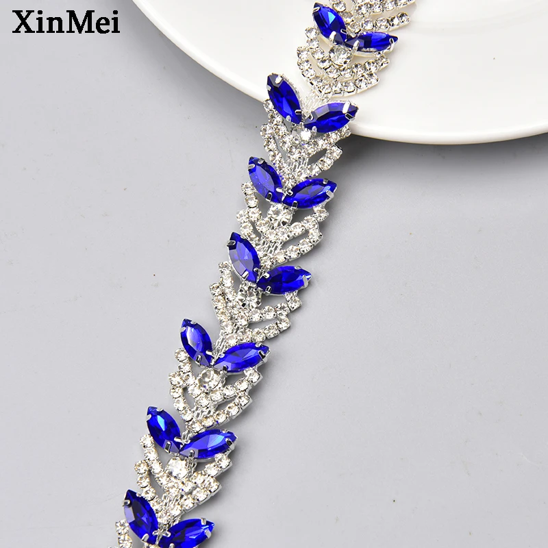 1 Yard Royal Blue Glitter Rhinestone Trim Silver Gold Base Crystal Flower Metal Cup Chain Sew on Bridal Outfit Shoes Accessories