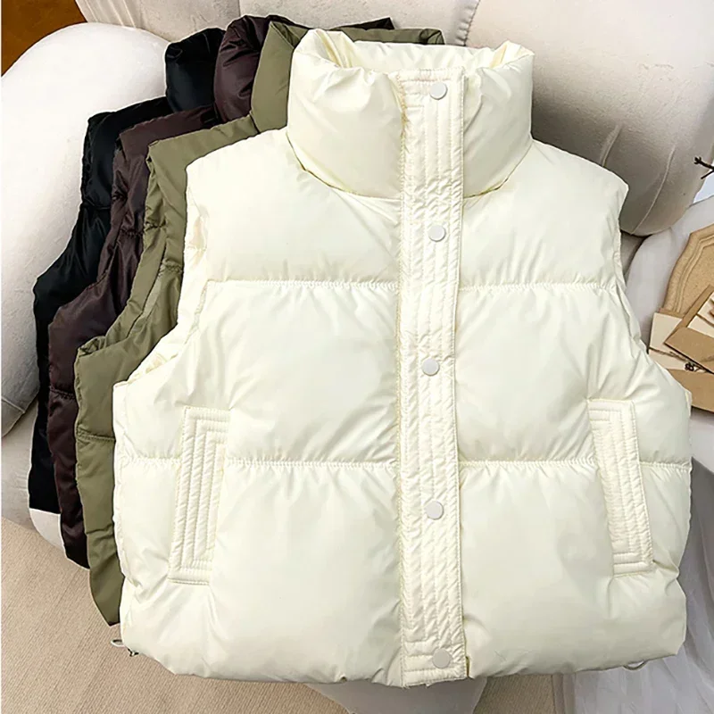 2025 New Autumn Casual Loose Down Cotton Vests Women Stand Collar Short Sleeveless Coats Solid Zipper Waistcoat Winter Warm Vest