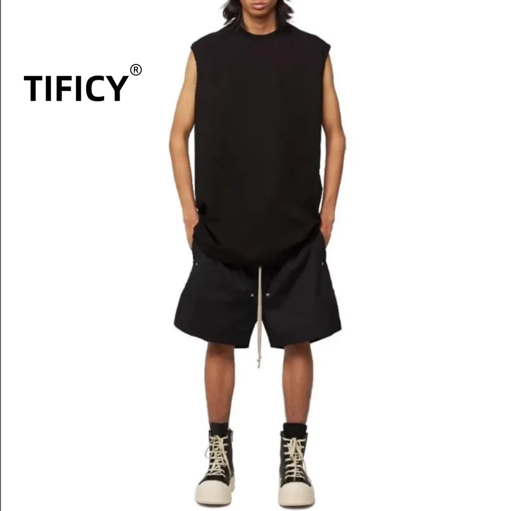 High Street RO Dark Tees Tank Top Men's Mid Length Loose Sleeveless Round Neck Pullover Tanks Summer Sweat Absorbing Top