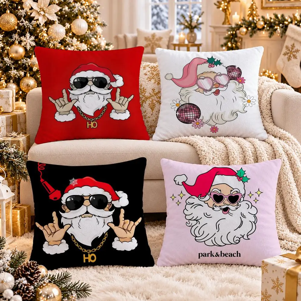 Rap Santa Claus Cushion Cover Short Plush Double-Sided Print Festival Pillow Case for Living Room Sofa Home Decor