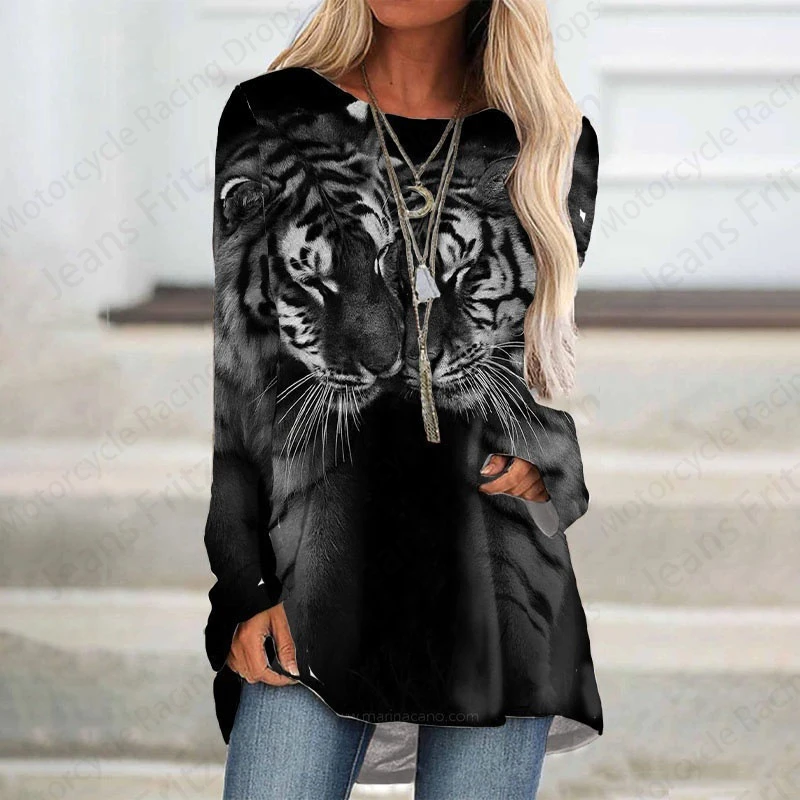 Animal Tiger 3d Print Long Sleeve T-shirt Women Fashion Crewneck Loose Tunic Tops Women Fall Clothing Femme Tops Y2k Style