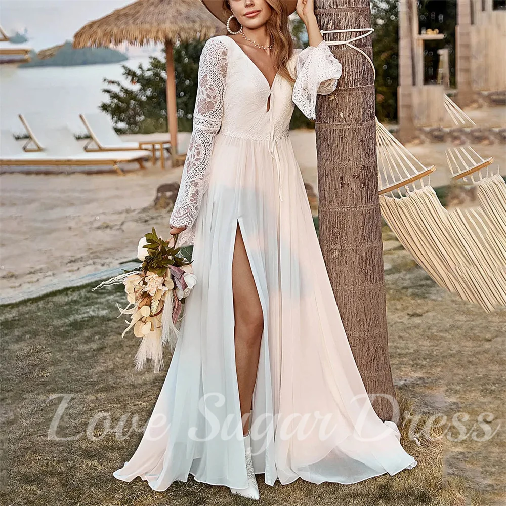 

Boho A Line Wedding Dresses Full Sleeves V Neck Bridal Gowns Sexy Slit Lace Applique Bride Dress Customsized vestidos para mujer