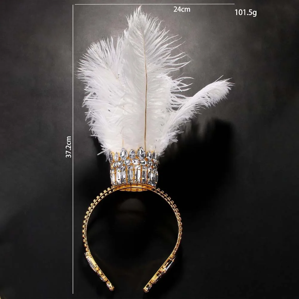 Stonefans Carnival White Queen Feather Crown Headband Prom Accessories Nightclub Geometric Baroque Crystal Crown Tiara for Women