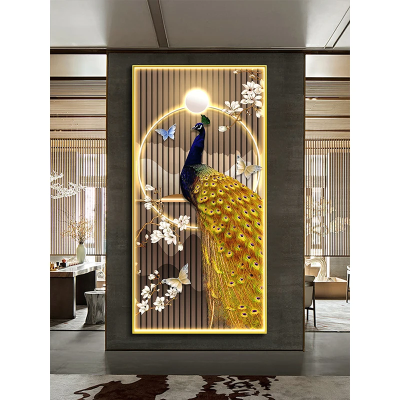 New Chinese Style Luxury Peacock Canvas Painting Wall Art Entrance Decoration Painting Animal Poster for Living Room Porch Decor