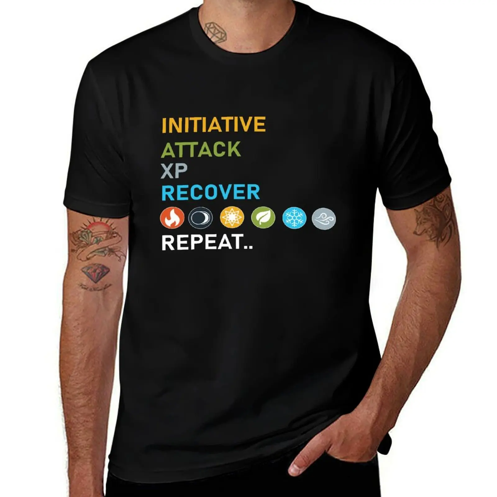 Gloomhaven Initiative, Attack, XP, Recover, Repeat Board Game Graphic - Tabletop Gaming T-Shirt man t shirt cotton T-Shirt