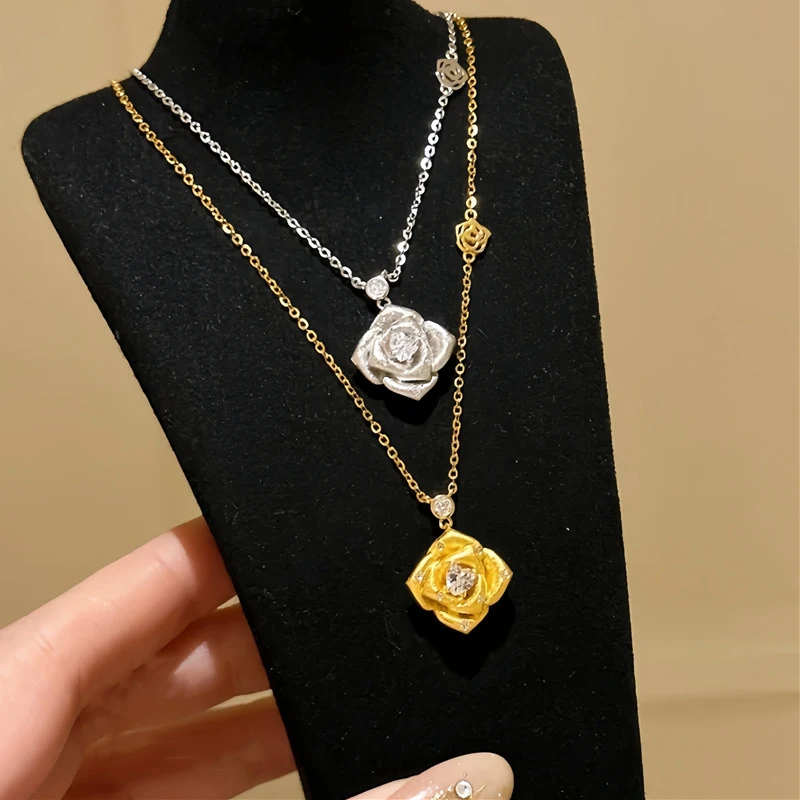 

Exquisite Retro brushed rose flower necklace heart-shaped diamond silver 925 light luxury collar chain gentle style jewelry gift