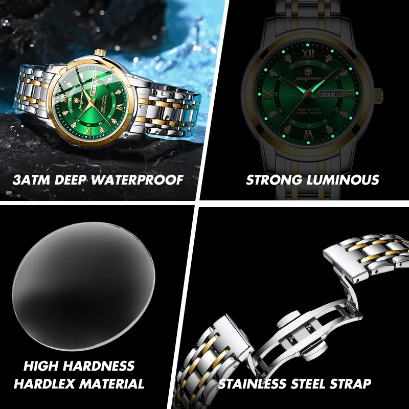 PENGAGAR ساعة فاخرة للرجال أنيقة تاريخ الأسبوع مقاوم للماء ساعة رجالية مضيئة كوارتز الفولاذ المقاوم للصدأ ساعات رياضية للرجال reloj