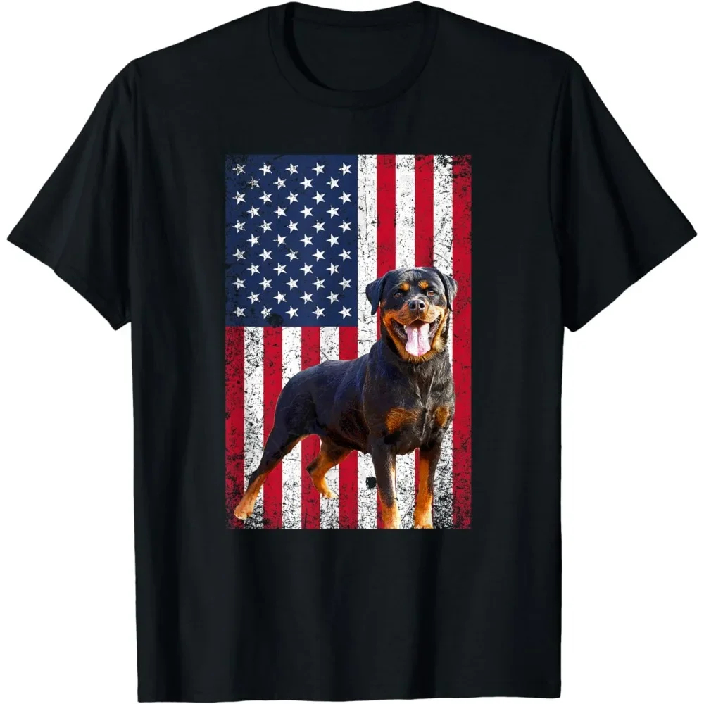 American Flag Rottweiler Enthusiast Men's Cotton T-shirt Fun Fourth of July Patriotic Dog Print T-shirt