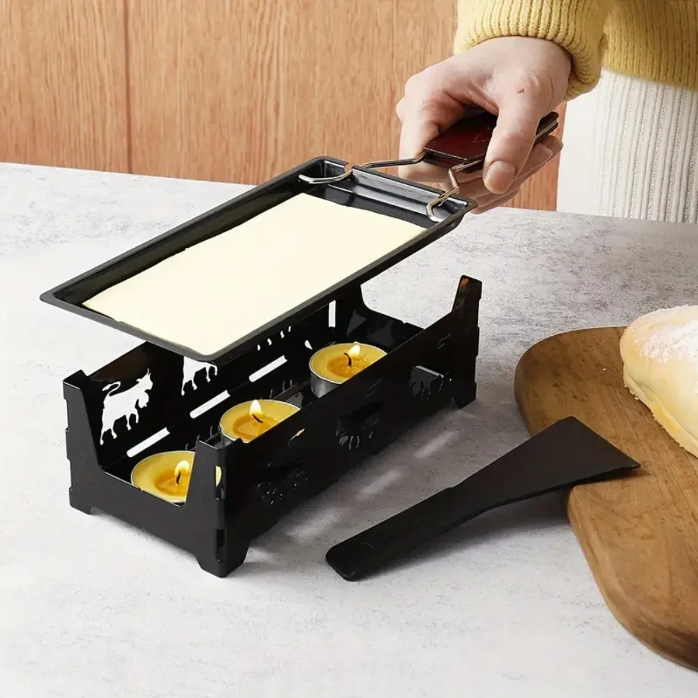 Non-Stick Cheese Raclette Stove Set Carbon Steel with Candle Cheese Grill Plate with Shovel Rectangle Cheese Melting Tray BBQ