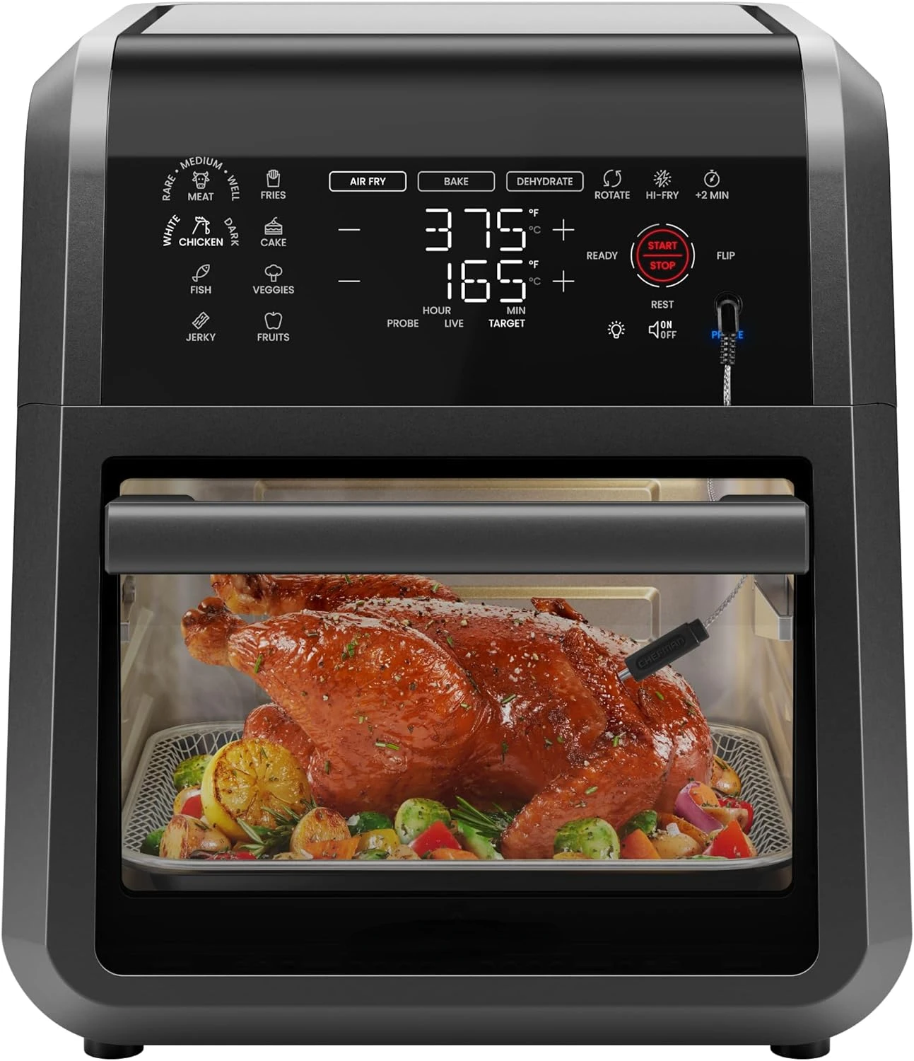 

ExacTemp™ 12 Quart 5-in-1 Air Fryer with Integrated Smart Cooking Thermometer, 28 Touchscreen Presets, Rotisserie, Dehydrator,