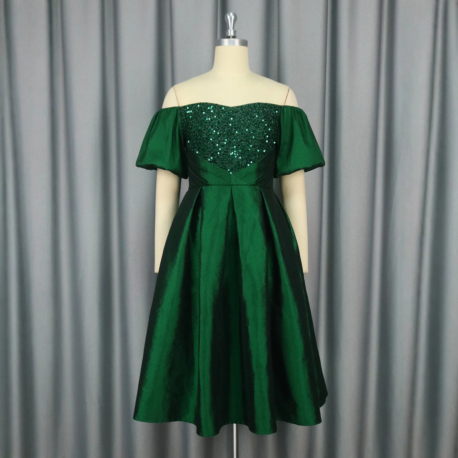 African Women's Off-Shoulder A-Line Mid Dress Green with Short Sleeves Luxury Sequin for Wedding Guest Evening Party Christmas