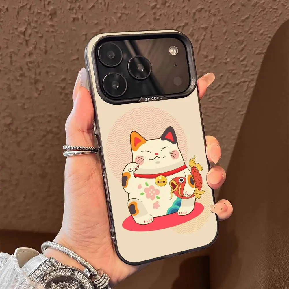 เคสโทรศัพท์ลายแมวกวักนำโชค สำหรับ iPhone 17,16,15,14,13,12,11,Pro,Max,Plus,E,Air,Mini สีดำ วัสดุ TPU