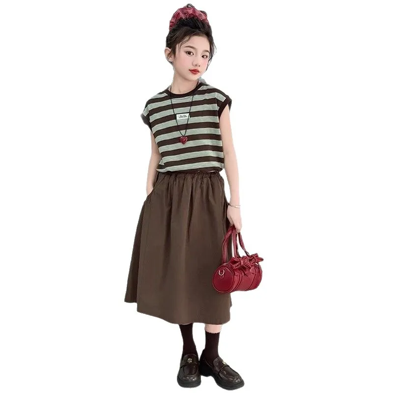2026 summer girls Clothes Child set sleeveless Suit Teen striped t shirt top vest + Elastic Waist midi skirt 4 8 10 12 14 year