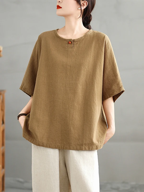 الرجعية الصينية Sle فضفاضة تناسب الكتان ort Sve تي شيرت المرأة الصيف رقيقة القطن الكتان جولة Ne رداء علوي غير رسمي