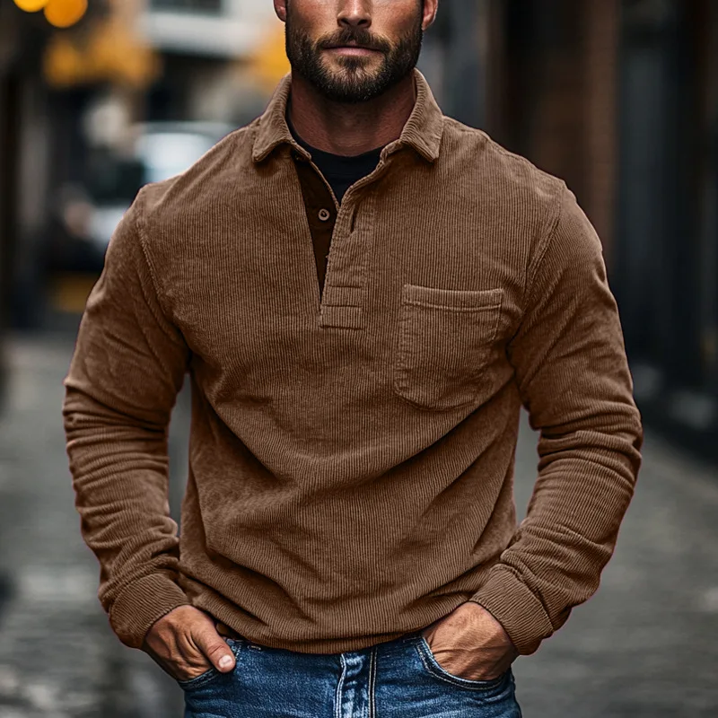 Corduroy jacket men's autumn trendy casual retro top, men's loose button pocket solid color new autumn and winter men's top