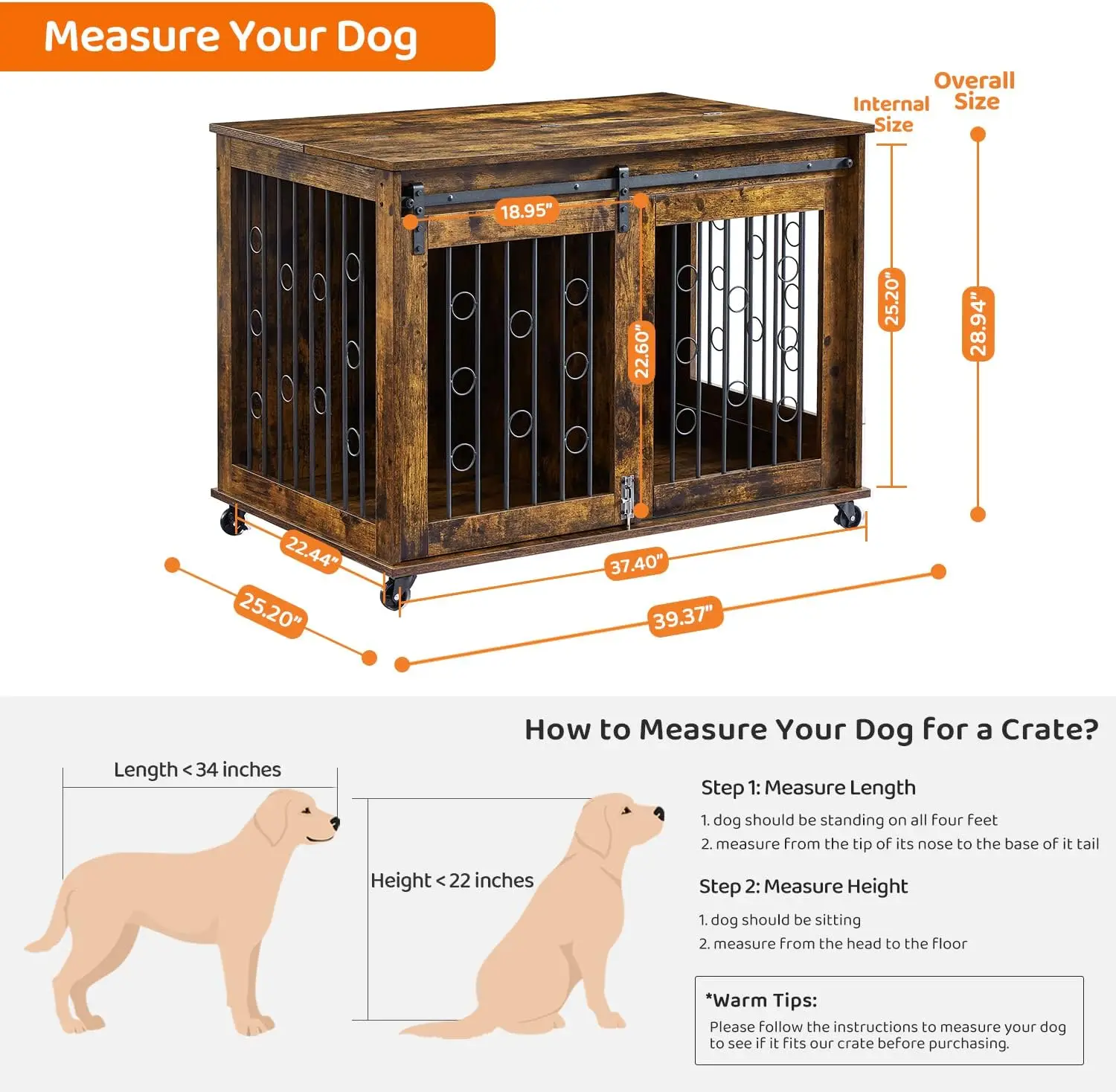 أثاث صندوق الكلاب مع باب الحظيرة المنزلق، طاولة نهاية بيت الكلاب الخشبية مقاس 39 بوصة مع عجلات ولوحة قابلة للطي لبيت الكلاب #5