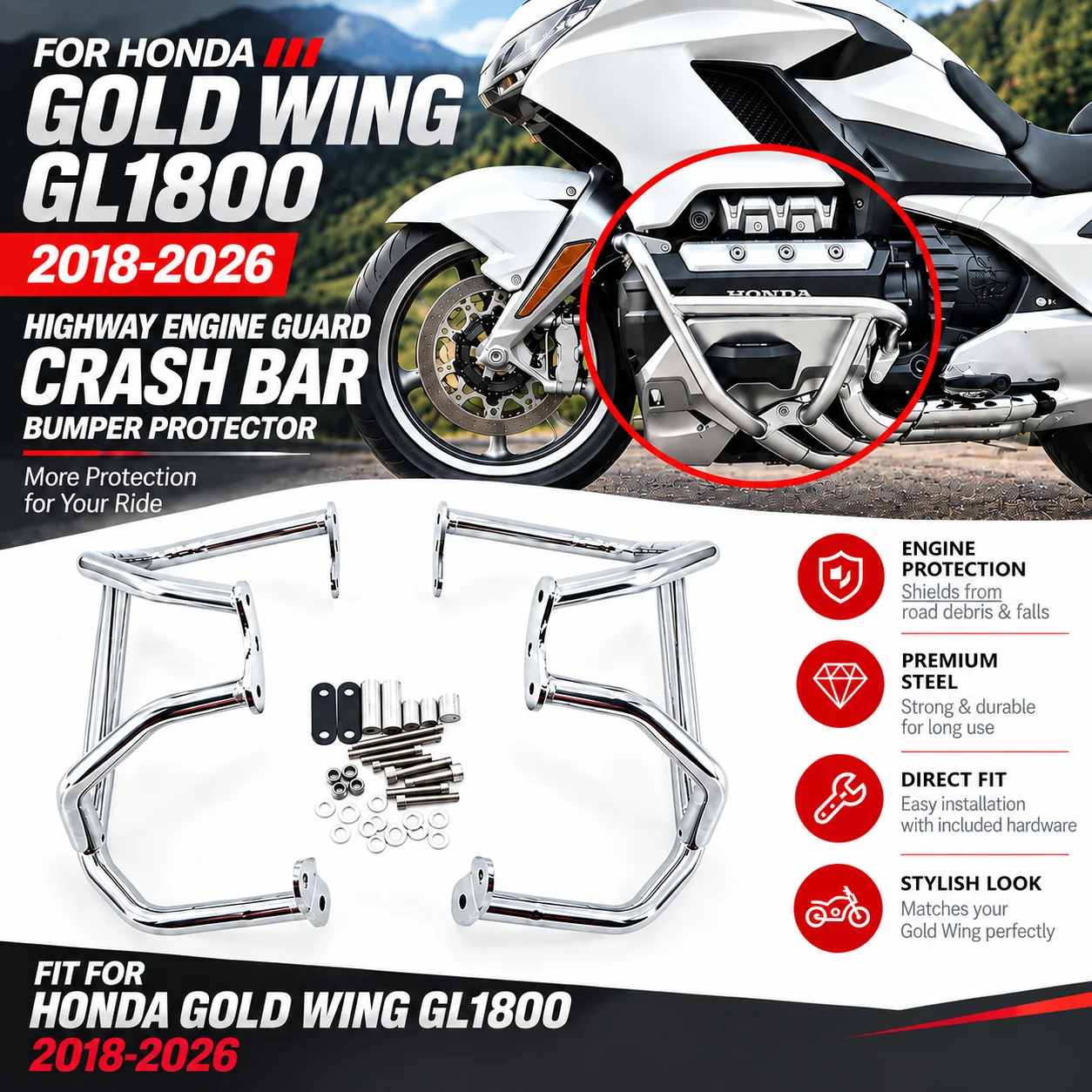 For Honda Gold Wing GL1800 2018‑2026 F6C F6B Highway Engine Guard Crash Bar Motorcycle Bumper Frame Protector Anti‑fall Accessor