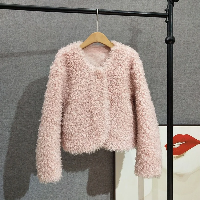 Short Lamb Fur Round-Neck Shearling Coat Full-Wool for Women Warm Autumn/Winter Jacket JT544