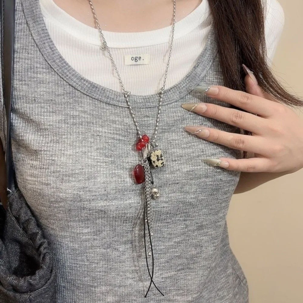 New Colorful Crystal Heart Tassel Spotted Sweater Chain Long Chain Geometric Pendant Women Girls Gift