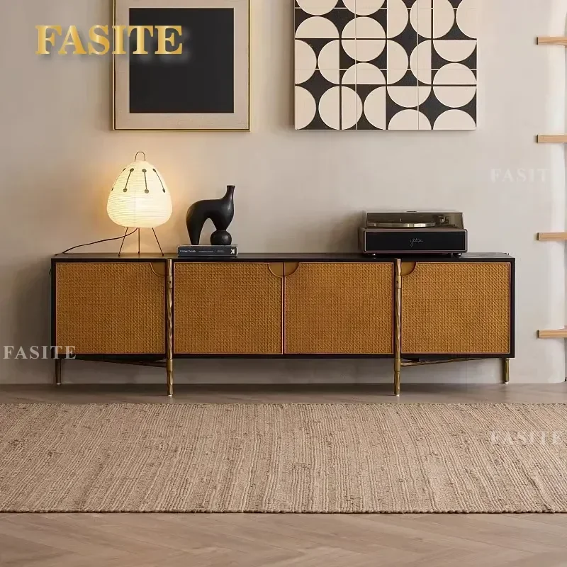 TV Cabinet Solid Wood Wrought Iron Rattan Retro Media Console Vintage Audio Visual Storage Furniture Living