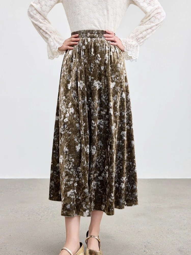 

SENTUBILA Women's A-Line Skirt 2025 Autumn Velvet Elegant Mid-Length Floral Print Elastic Waist Office Commuter Skirt Q54QJ3674