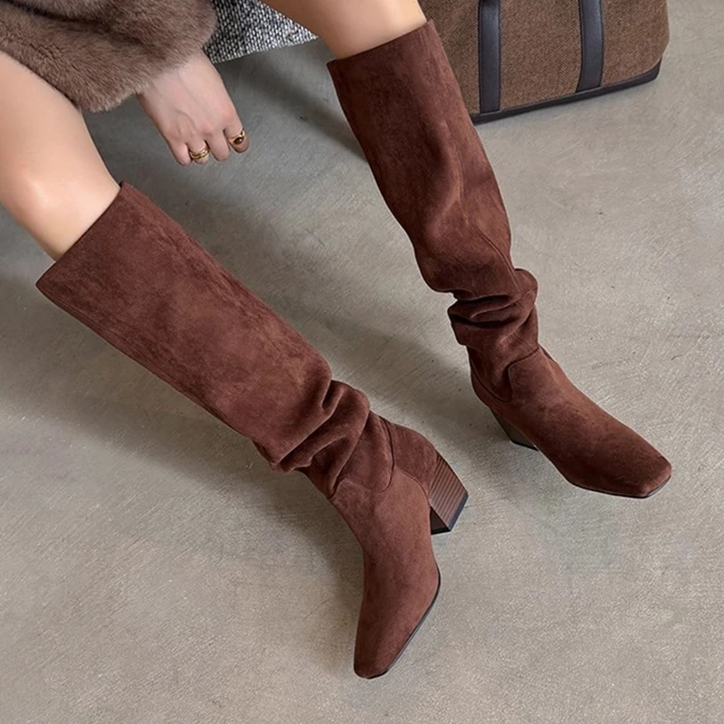 

2026 High Heels Women Long Boots Chunky Suede Designer Shoes Fashion Dress Winter Woman Pumps Goth Casual Mujer De Chelsea Botas