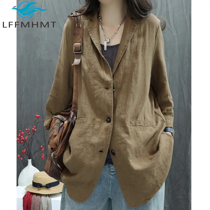 Retro Solid Color Women Cotton Linen Casual Blazer Korean Style Simple Basic Long Sleeve Loose Outerwear Coats