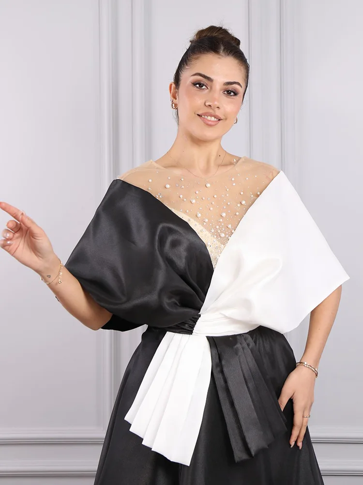 Jirocum-vestidos de graduación de Arabia Saudita con cuello redondo para mujer, vestido de noche de fiesta con cuentas blancas y negras, largo hasta el suelo, línea A, vestido Formal para ocasiones