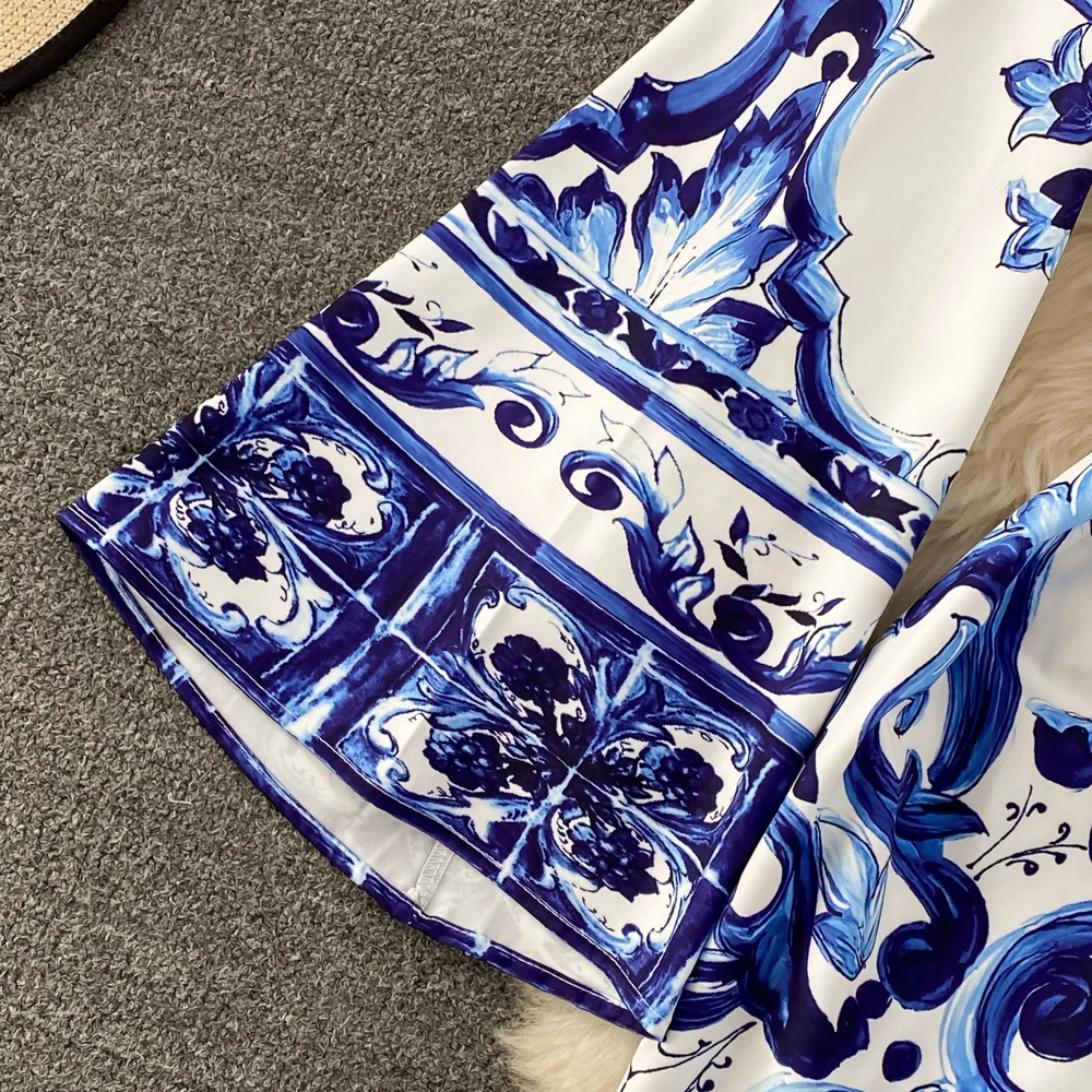 Summer Runway Blue And White Porcelain Long Dress Women O-Neck Flare Sleeve Floral Print Bohemian Side Split Loose Robe Vestidos