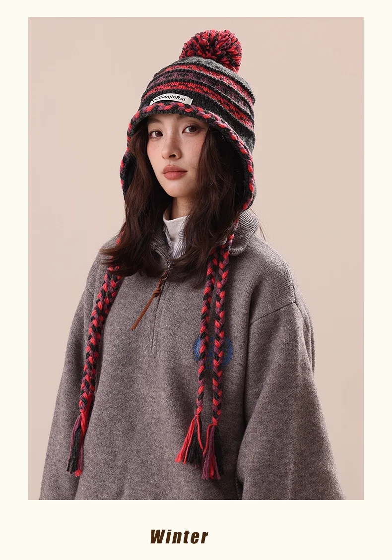 

Vintage Bohemia Style Striped Jacquard Knitted Beanie Hat with Tassel Women Autumn Winter Warm Ear Protection Wool Bomber Hat