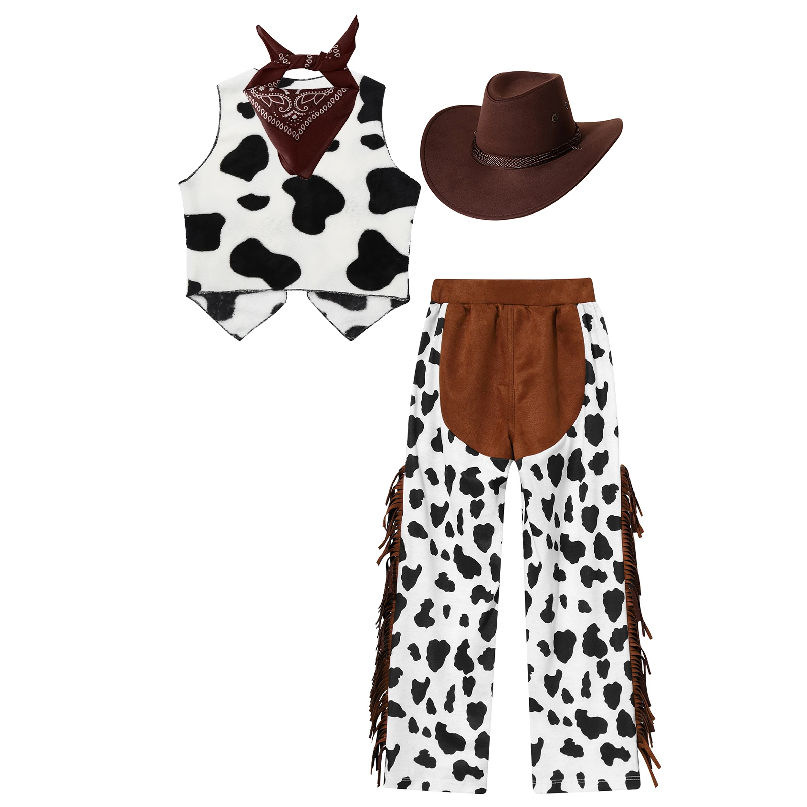 Costume da Cowboy per bambini ragazzi Halloween Carnival Party Cow Print gilet pantaloni cappello e bandana Set Cowgirl giochi di ruolo vestiti