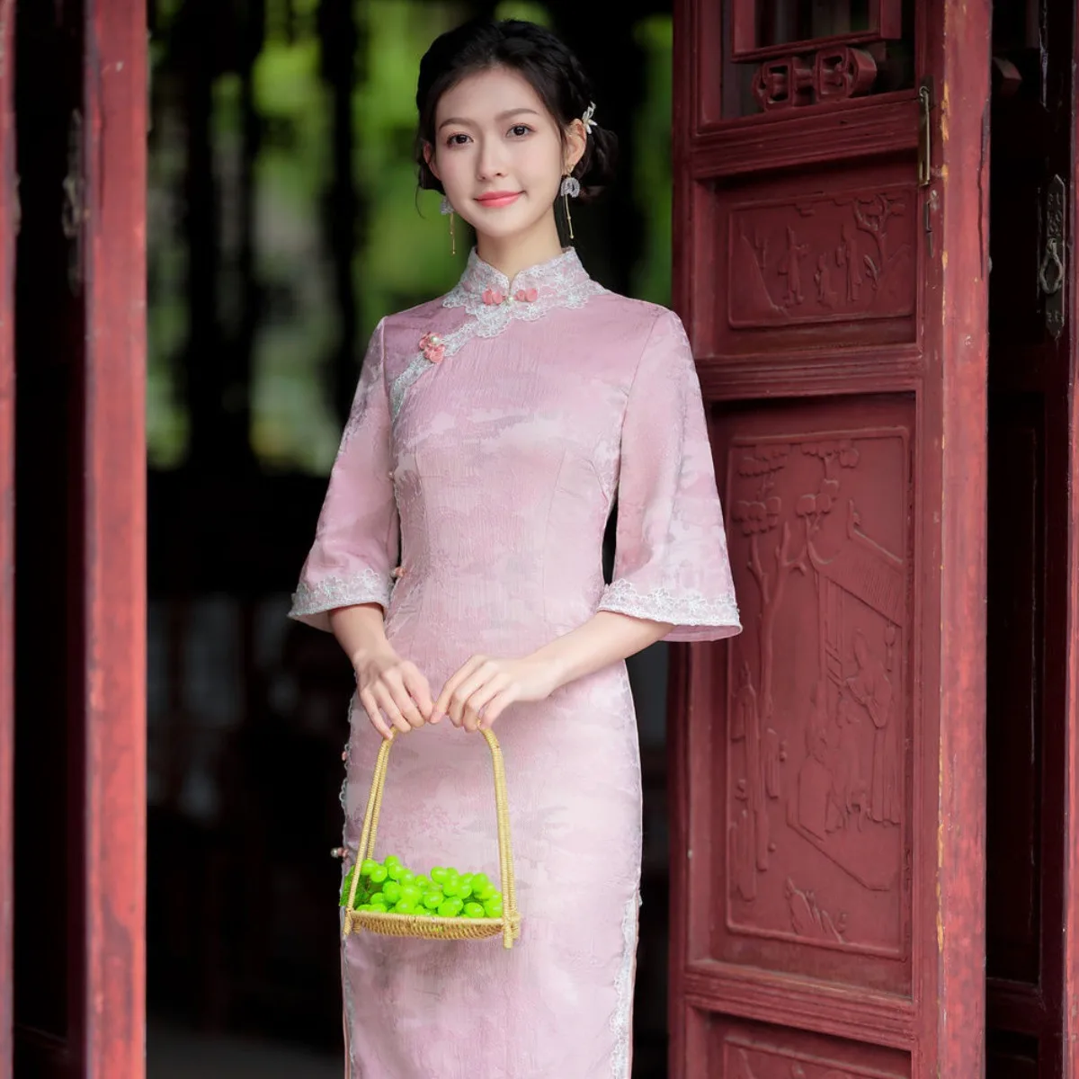 

2025 Qipao Dress for Girls, Summer Floral Jacquard Cheongsam, Vintage Elegant Daily Wear Young Women Fashion Cicpao Dress