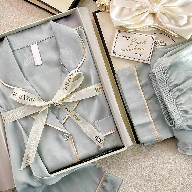 

Blue Print Butterfly Pajamas Set Long Sleeve Sleepwear Women Luxury Rayon Home Clothes Loungewear Pijama Mujer 2Pcs Nightwear