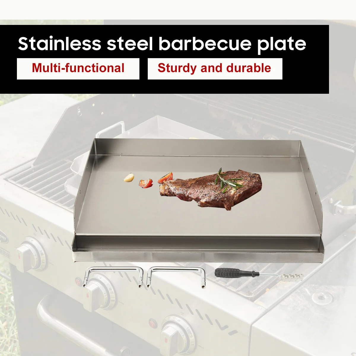 Image of Grillplatte aus Edelstahl, groß, mit Griffen, für Outdoor-Camping, Garten, Reisen, Familien-BBQ-Partys, kompatibel mit Gasgrills, Holzkohlegrills, Keramikgrills, Öfen.
