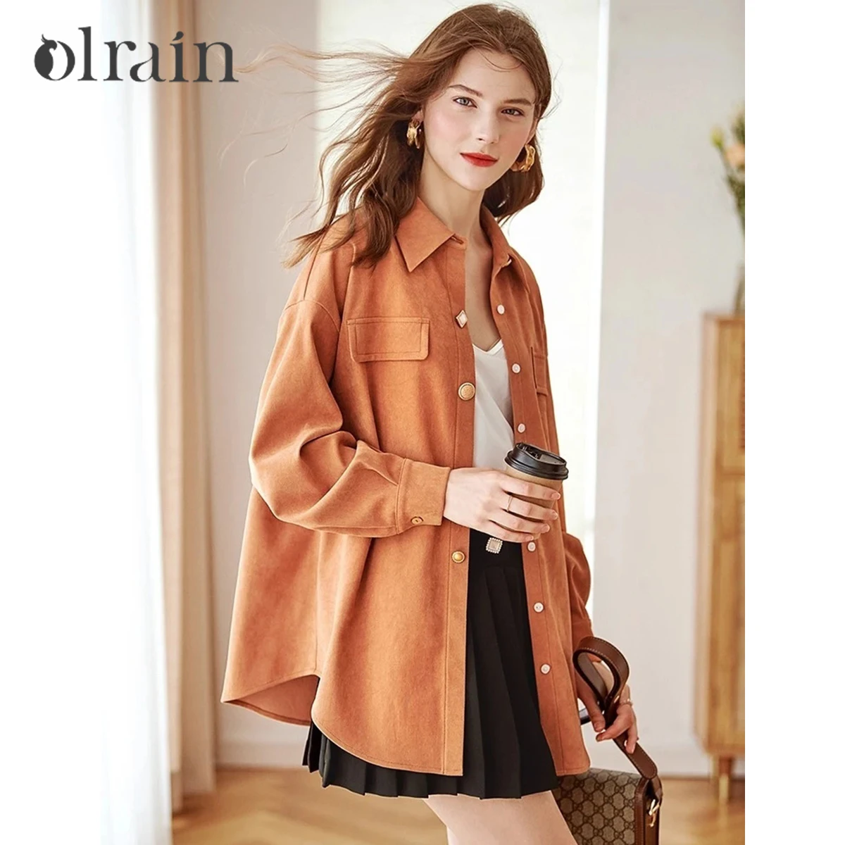 OLrain 여성용 중간 길이 빈티지 코듀로이 셔츠 가을 신착 솔리드 골든 장식 버튼 루즈 피트 셔츠 O57QC55565