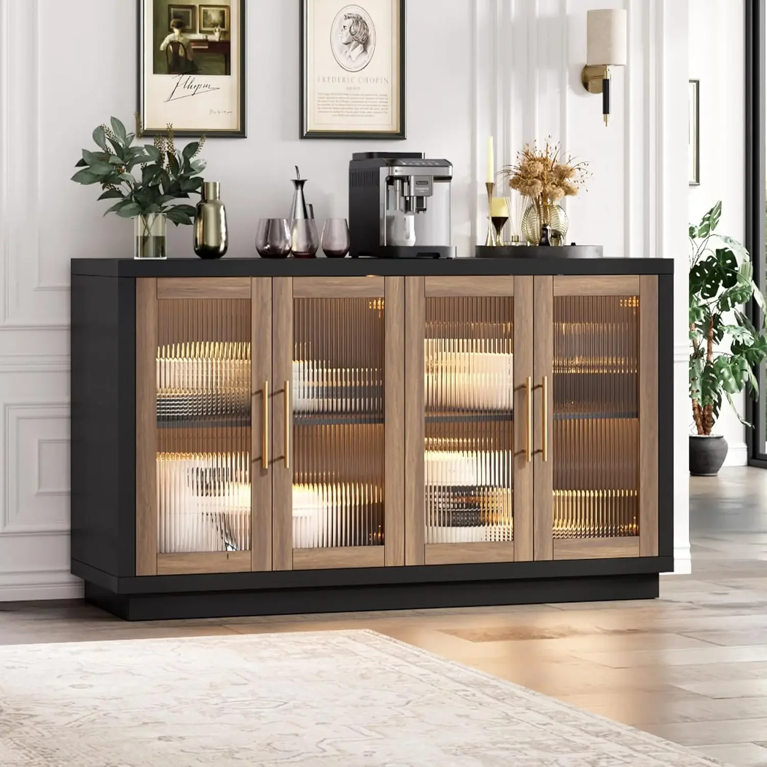 Fotosok Buffet Cabinet With Storage, 55.1"" Large Sideboard Buffet Cabinet, Modern Sideboard Kitchen Cabinet With 4 Fluted