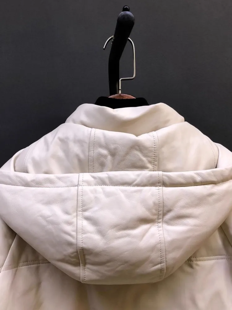 جديد أزياء المرأة المتضخم أسفل سترة مقنعين فضفاضة تناسب جلد الغنم سترة جلدية حقيقية عارضة الشارع الشهير معطف الشتاء الدافئ #5